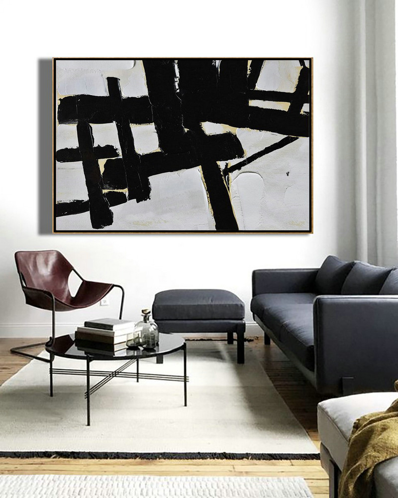 Acrylic Painting On Canvas,Horizontal Palette Knife Minimal Canvas Art Painting Black White Beige - Original Art Acrylic Painting
